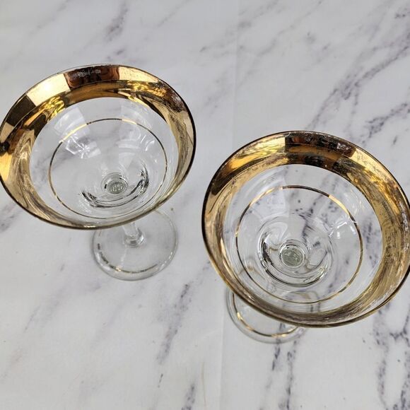 Vintage Aritzia Gold Rimmed Coupe Glasses Set of 2 FAIR CONDITION - Picture 2 of 7